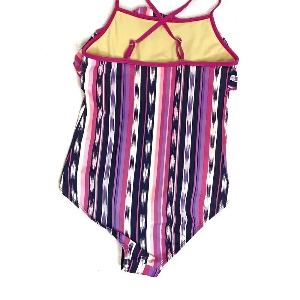 Lands End pink and purple vertical stripe one piece swimsuit size 12+